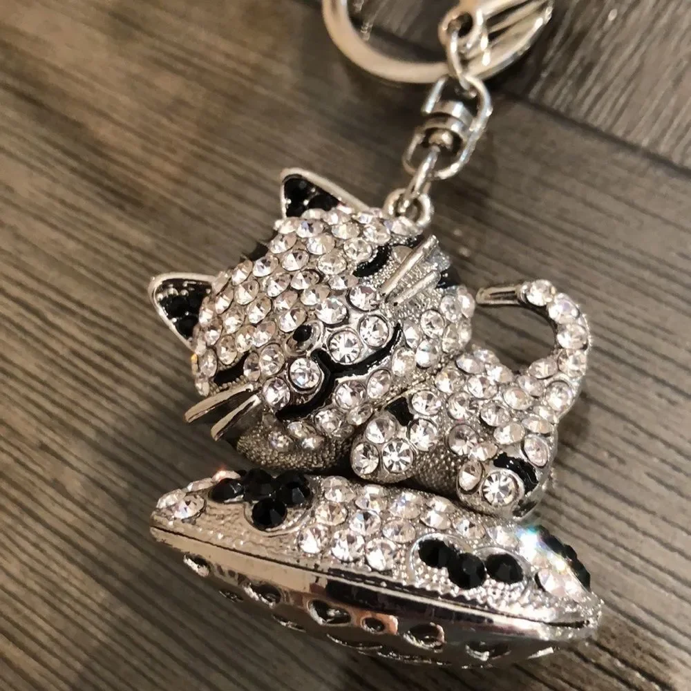 TINKSKY Rhinestone Kitty Cat Key Chain / Bag Charm